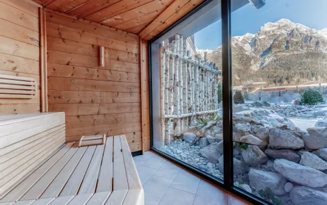 Last-Minute Winterhit Holzsauna mit Panoramafenster und Blick auf schneebedeckte Alpenberge